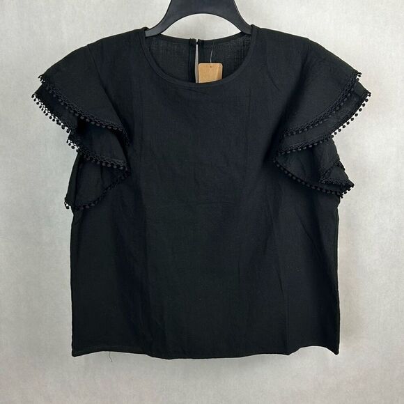 NEW Daisy Ruffle Sleeve Blouse Top Black Sz Large Short Cap Sleeve Crew Neck - Picture 1 of 7
